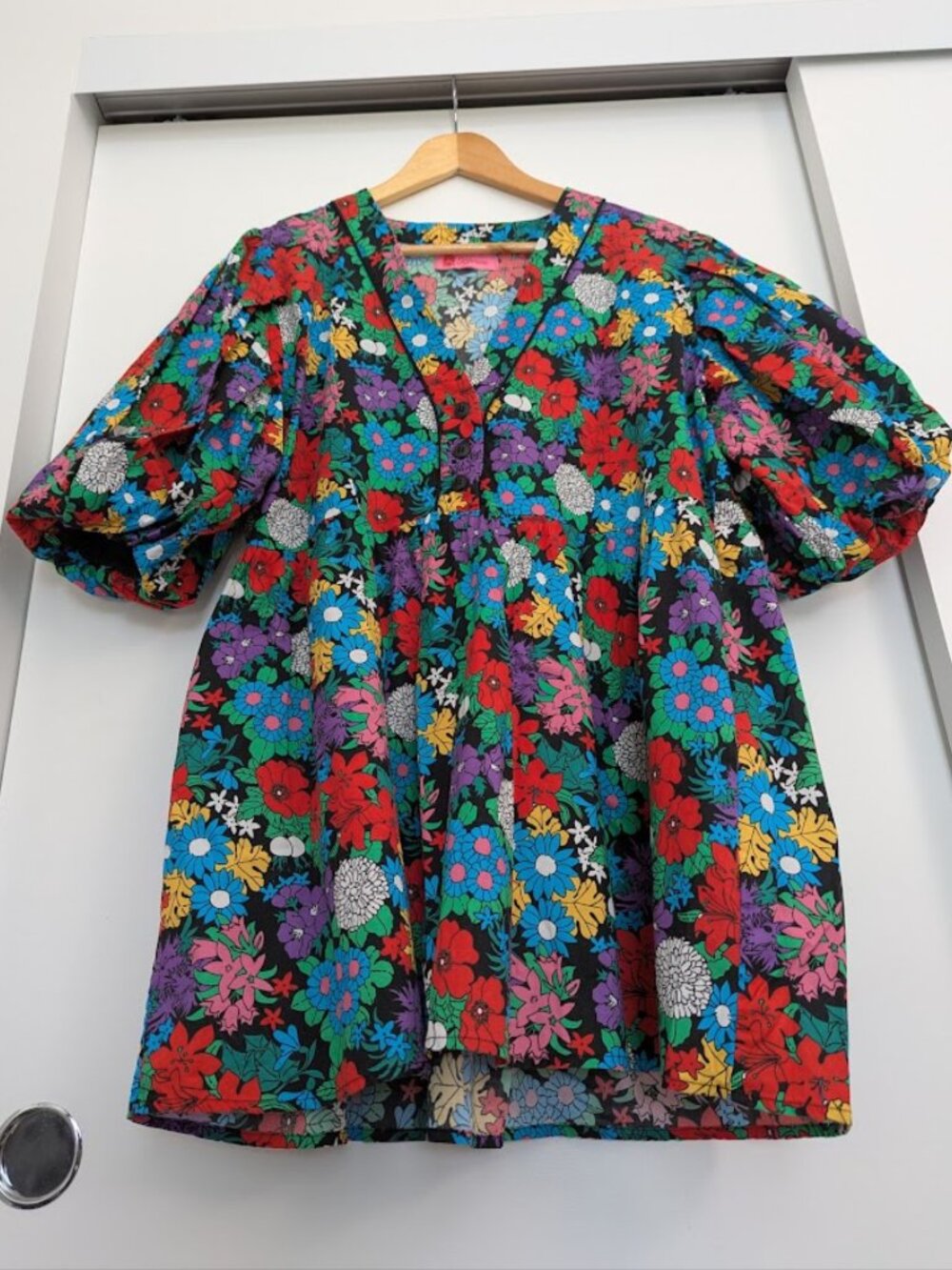 Floral Cotton Puff Sleeve Mini Tunic Dress Oversized - Picture 7 of 16